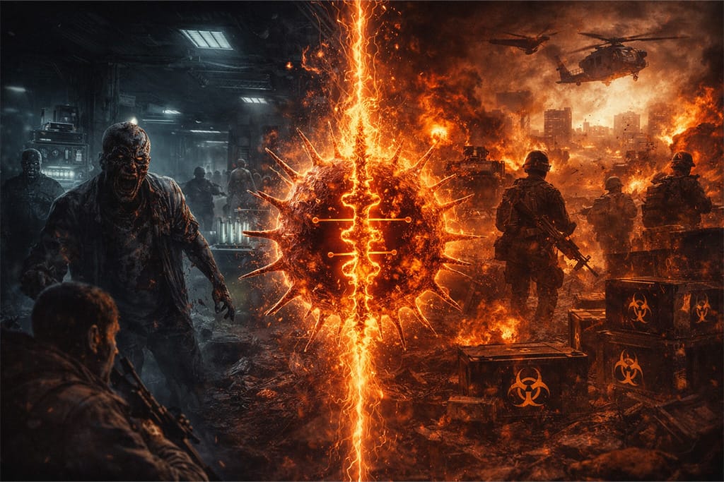 Resident Evil timeline RE6 pandemija prikazuje prelaz iz horor ere u globalni bioterorizam kroz podeljenu scenu laboratorije i rata, Resident Evil timeline RE6 pandemija prelomni trenutak serijala