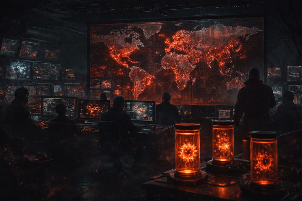 Resident Evil timeline RE6 pandemija prikazuje tajnu kontrolnu sobu sa globalnim širenjem infekcije i razvojem bioterorizma, Resident Evil timeline RE6 pandemija mreža manipulacije virusom