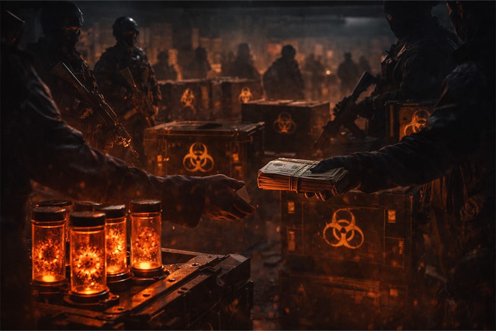 Resident Evil timeline RE6 pandemija prikazuje crno tržište biološkog oružja sa prodajom virusnih uzoraka i ilegalnim dogovorima, Resident Evil timeline RE6 pandemija širenje bioterorizma kroz trgovinu