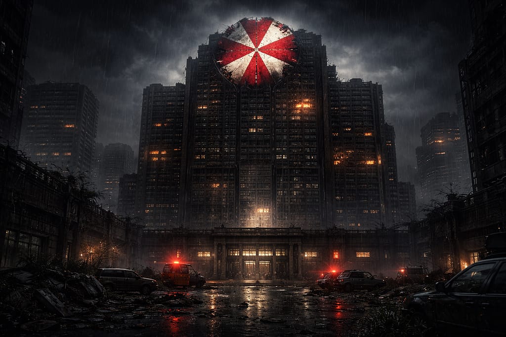 Resident Evil timeline scena napuštenog sedišta Umbrella Corporation sa oštećenim crvenim umbrella logom tokom noći i atmosfere korporativnog kolapsa