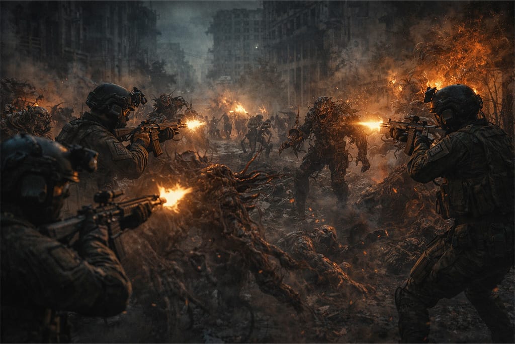 Resident Evil timeline prikazuje specijalne jedinice u borbi protiv B.O.W. mutanata u razorenom gradu, vojnici u taktičkoj opremi otvaraju vatru dok se biološko oružje približava