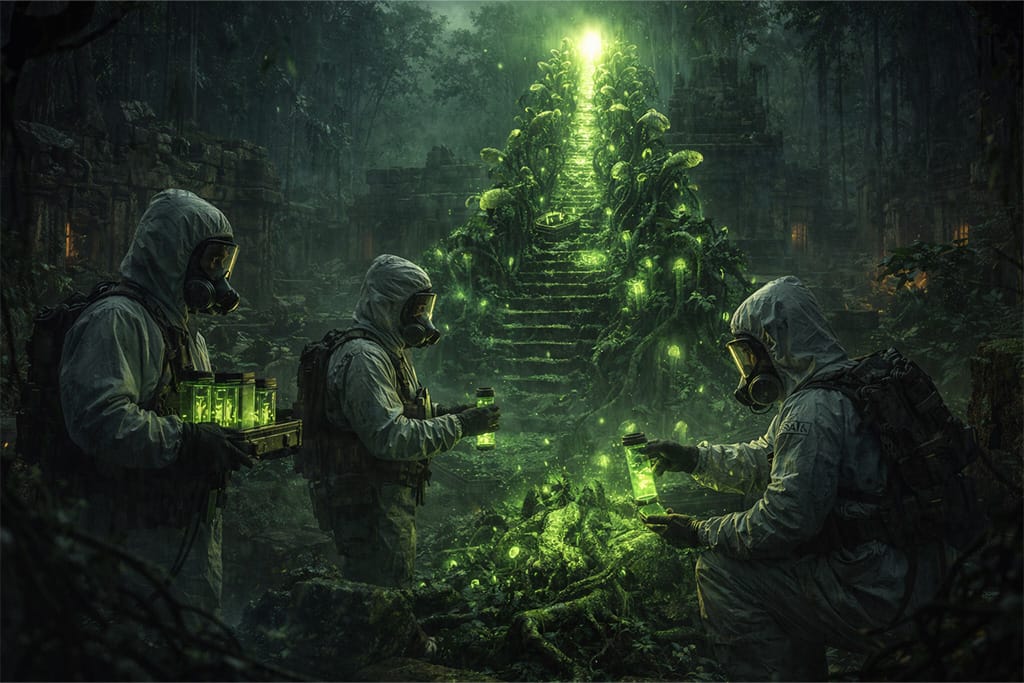 Resident Evil timeline scena u kojoj naučnici u zaštitnim odelima istražuju biljku Stairway to the Sun u drevnim afričkim ruševinama