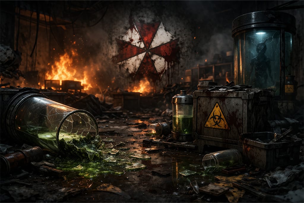 Resident Evil timeline prikazuje uništenu laboratoriju nakon pada Umbrelle, razbijeni biološki kontejneri i biohazard oprema u haosu, Resident evil posle umbrele scena sa vatrom i dimom