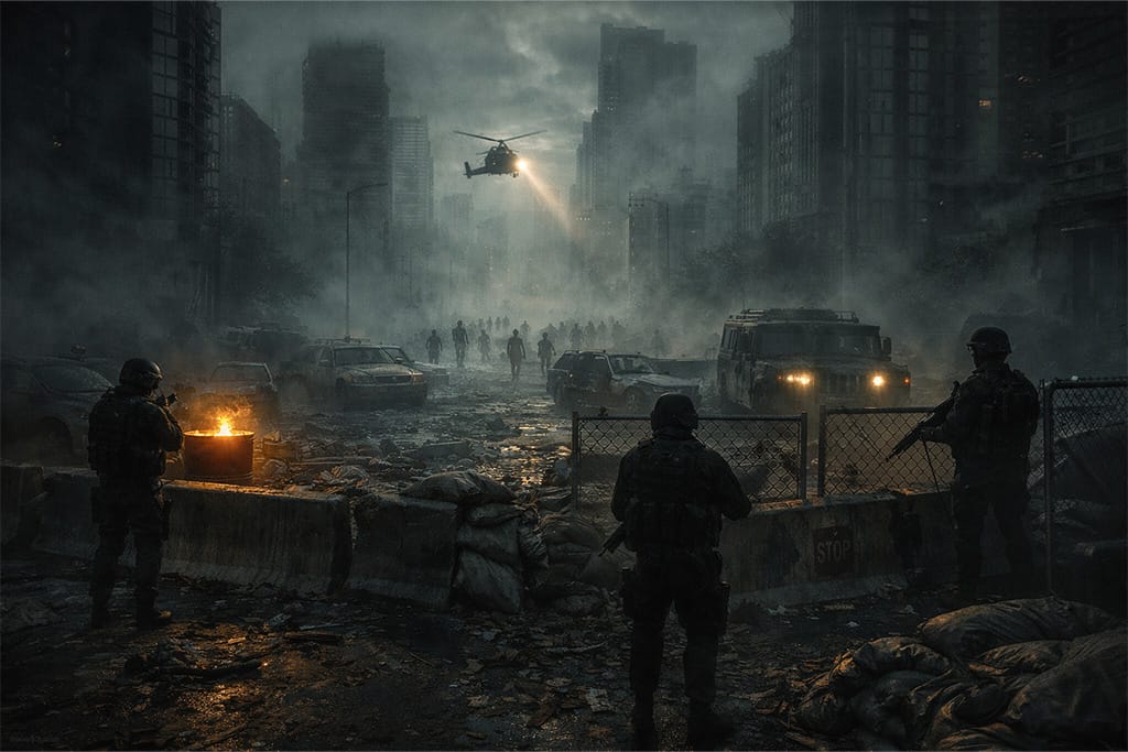 Resident Evil timeline prikazuje karantin grad nakon pada Umbrelle, vojnici čuvaju barikade dok se u magli pojavljuju zaraženi, svet posle Umbrelle u haosu i kolapsu društva