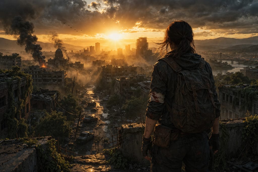 Resident Evil timeline prikazuje usamljenog preživelog koji posmatra razoren grad u zoru, svet posle Umbrelle kao početak nove ere sa mešavinom nade i opasnosti