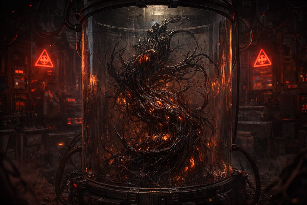 Resident Evil timeline scena gde se Uroboros virus nalazi u laboratorijskoj komori dok crni organski pipci mutacije plutaju u staklenom rezervoaru