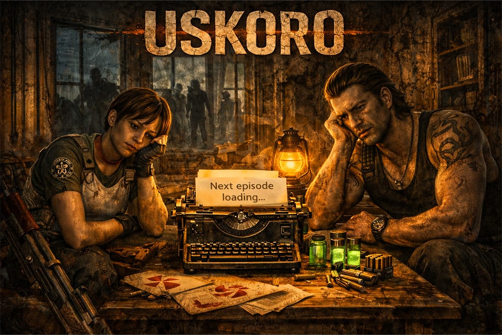 Rebecca Chambers i Billy Coen sede umorni za stolom sa pisaćom mašinom i porukom „Next episode loading“ dok zombiji stoje u magli iza prozora, teaser scena Resident evil timeline Uskoro iz Resident Evil univerzuma.