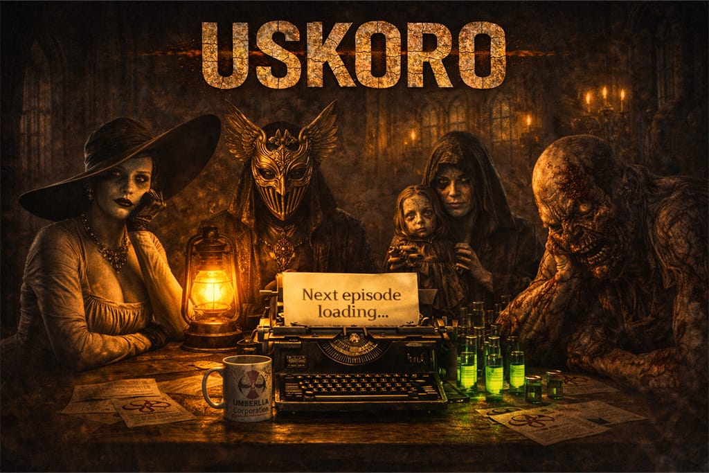 Lady Dimitrescu, Mother Miranda i ostali Village gospodari sede za stolom sa pisaćom mašinom i porukom „Next episode loading“, teaser scena Resident evil timeline Uskoro u okviru Resident Evil timeline priče.