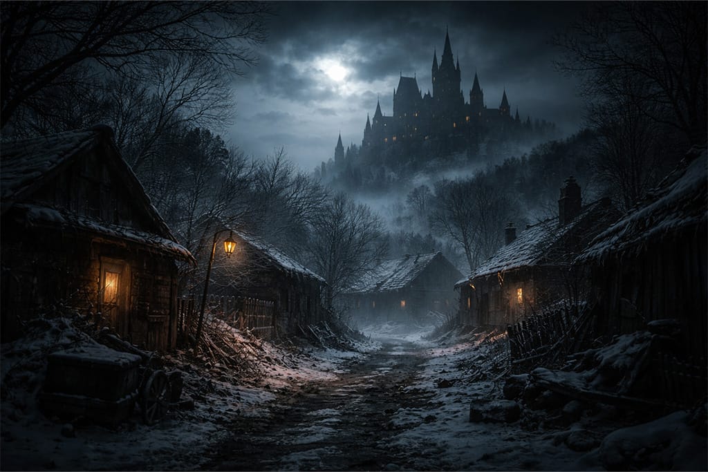 Resident Evil timeline prikaz mračnog sela i dvorca iz Resident Evil Village, gde Resident Evil timeline povezuje događaje sa novom fazom horora i izolacije