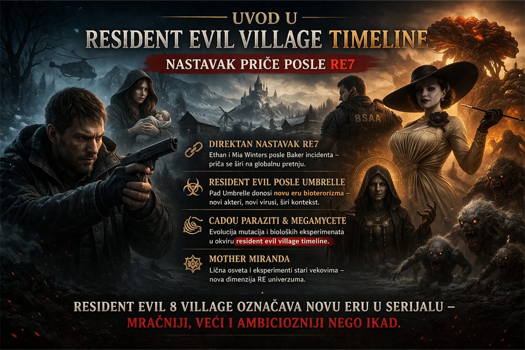 Resident Evil timeline Village RE8 scena sa Ethan Winters i Lady Dimitrescu u mračnom selu, Resident Evil timeline Village RE8 prikaz horor atmosfere