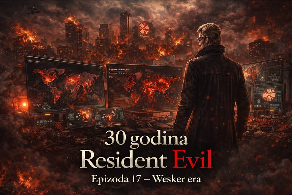 Resident Evil timeline scena koja prikazuje Albert Wesker kako nadgleda globalnu krizu tokom Wesker era za bio-terorizam u Resident Evil univerzumu