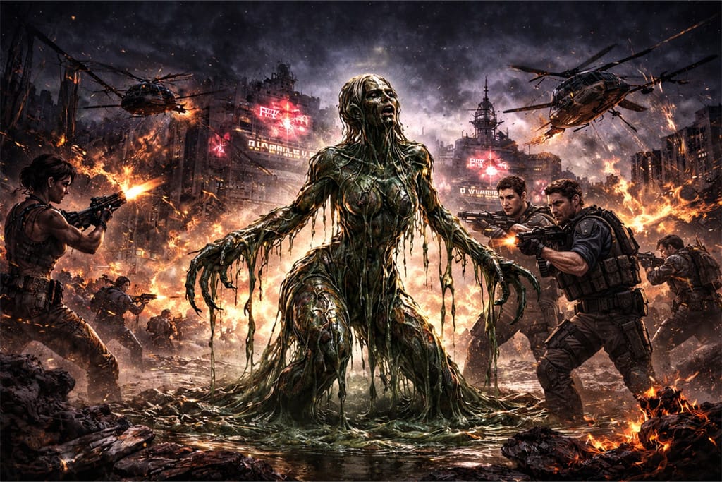 Resident Evil timeline završni obračun sa Chrisom i Piersom protiv mutirane Carle Radames, Resident Evil timeline scena epske borbe u razorenom gradu