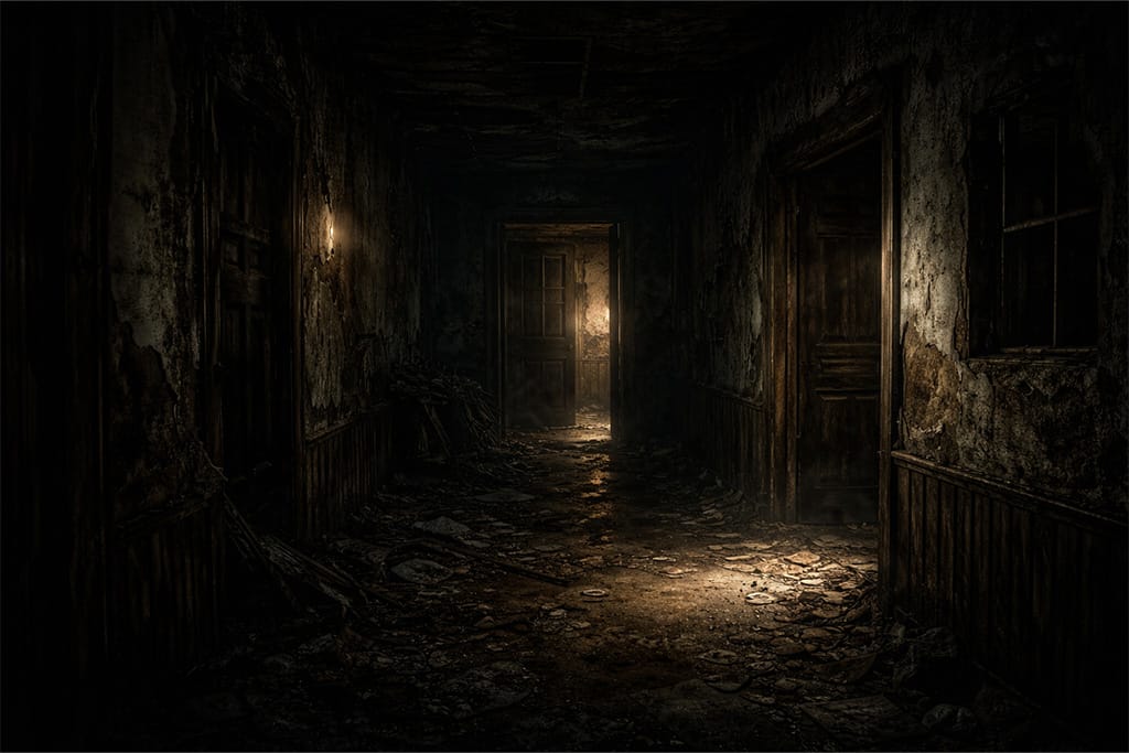 Resident Evil timeline prikaz mračnog hodnika i atmosfere Resident Evil 7, gde Resident Evil timeline naglašava prelaz ka izolovanom hororu i psihološkoj napetosti