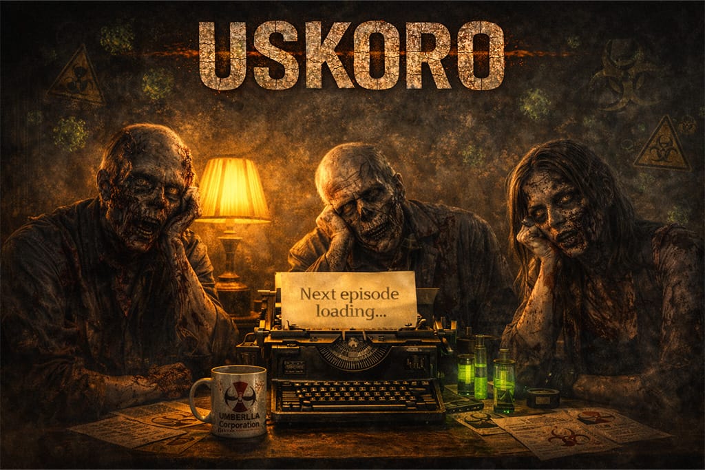 Tri zombija sede za stolom oko pisaće mašine sa porukom „Next episode loading“, teaser scena Resident evil timeline Uskoro u okviru Resident Evil timeline univerzuma.