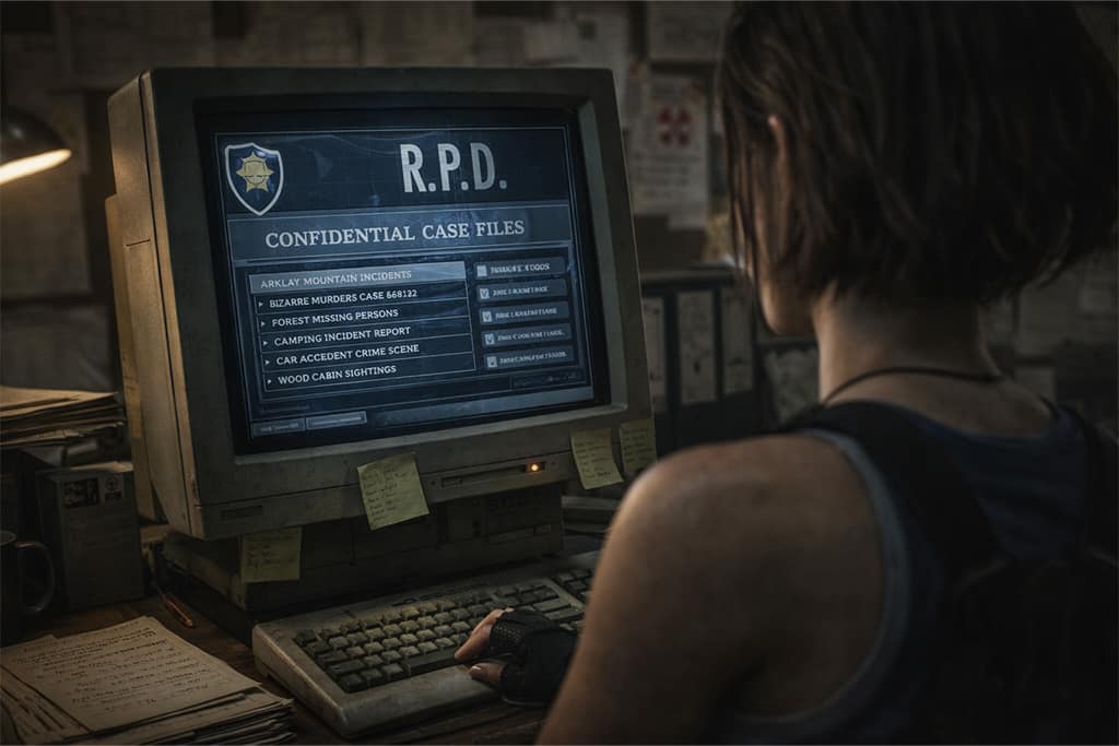RPD policijski terminal Resident Evil timeline – Jill Valentine pristupa starim policijskim dosijeima u Raccoon Cityju
