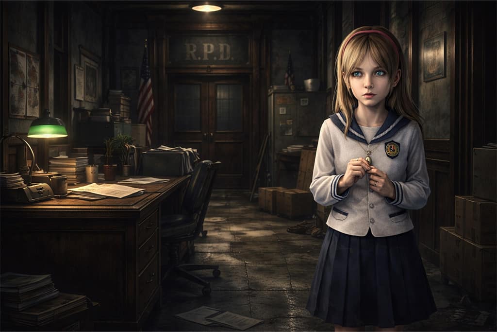 Sherry Birkin u kancelariji RPD policijske stanice – Claire put Resident Evil timeline scena