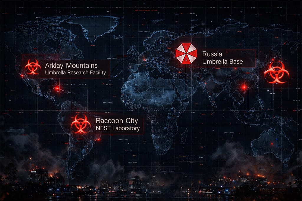 Tajni razvoj virusa u tajnim laboratorijama Umbrella Corporation širom sveta prikazan na holografskoj mapi iz Resident Evil timeline