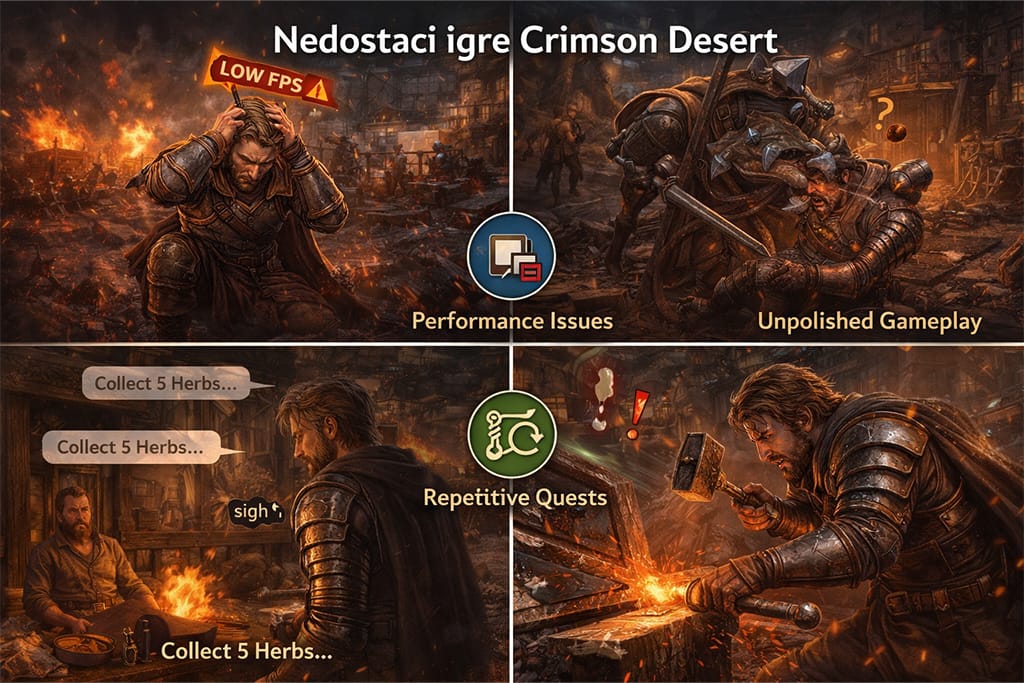 Crimson Desert nedostaci igre Crimson Desert prikaz problema sa performansama, repetitivnim misijama i nedovoljno ispoliranim gameplay sistemima