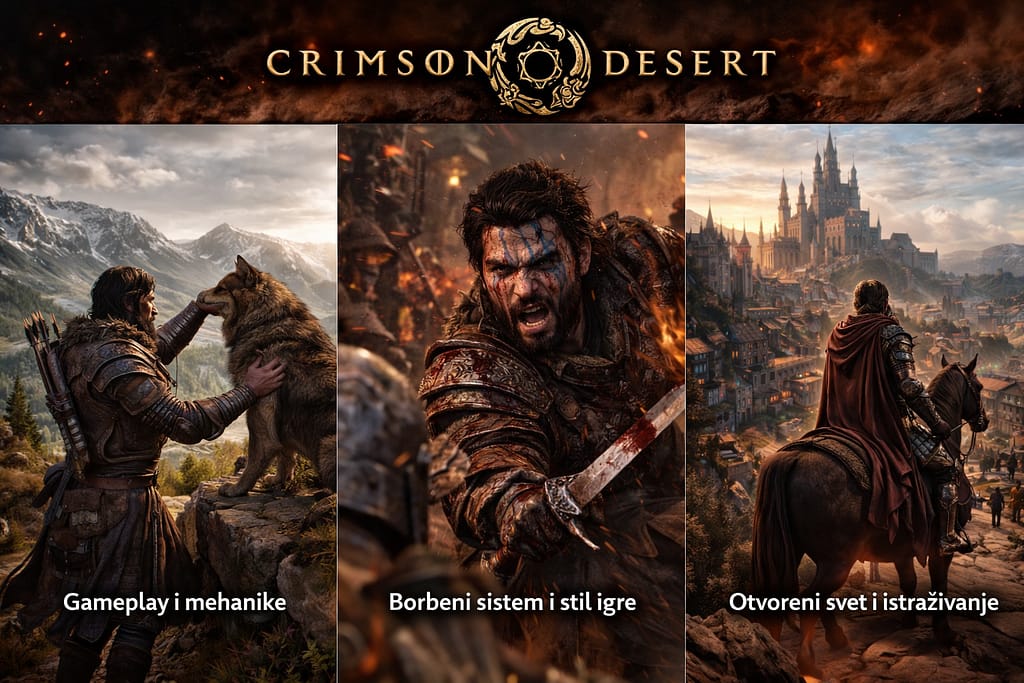 Crimson Desert gameplay i mehanike prikaz borbenog sistema i otvorenog sveta u igri Crimson Desert kroz cinematic scene istraživanja i borbe