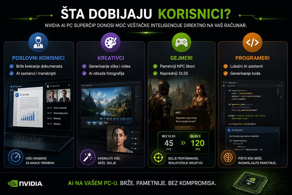 Infografik prikazuje kako NVIDIA AI PC superčip donosi prednosti različitim grupama korisnika, uključujući poslovne korisnike, kreativce, gejmere i programere kroz lokalnu obradu veštačke inteligencije na Windows računarima.
