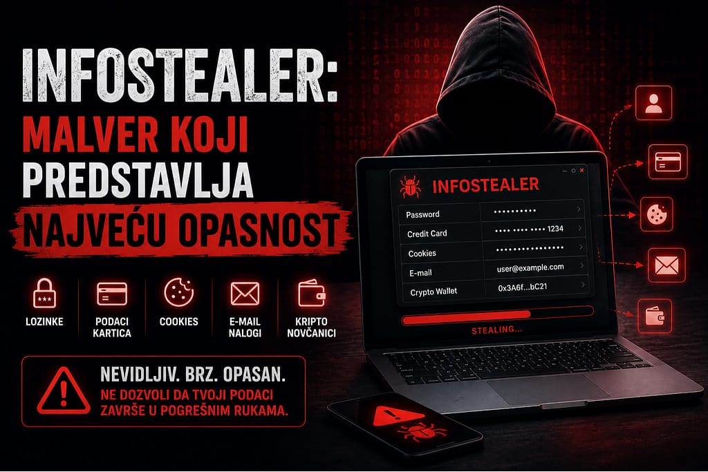 Infostealer malver prikazan kroz ilustraciju hakera i laptopa koji krade lozinke, podatke sa platnih kartica, kolačiće, e-mail naloge i kripto novčanike.