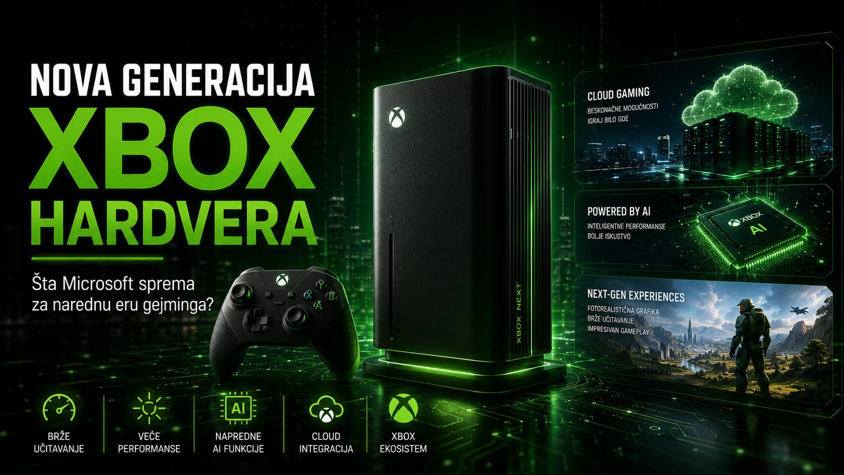 Nova generacija Xbox hardvera sa futurističkom konzolom, AI tehnologijama i cloud gejming elementima koji predstavljaju budućnost Microsoft gejming ekosistema.