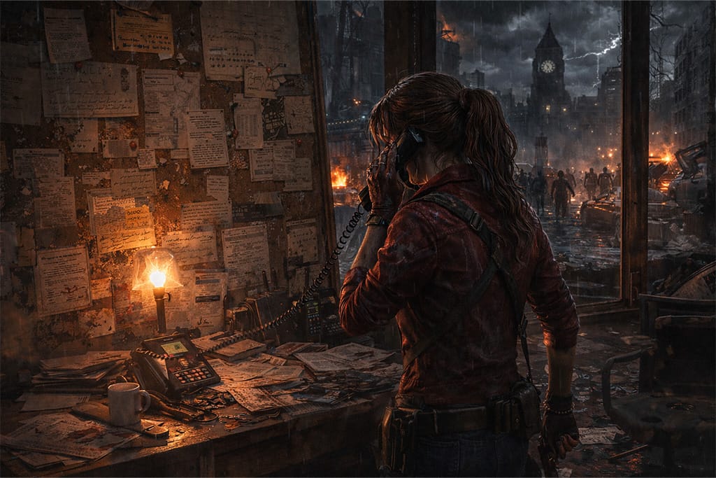 Claire Redfield istražuje kancelariju i traži trag o Chrisu Redfieldu dok njen Claire put kroz Raccoon City u Resident Evil timeline priči počinje