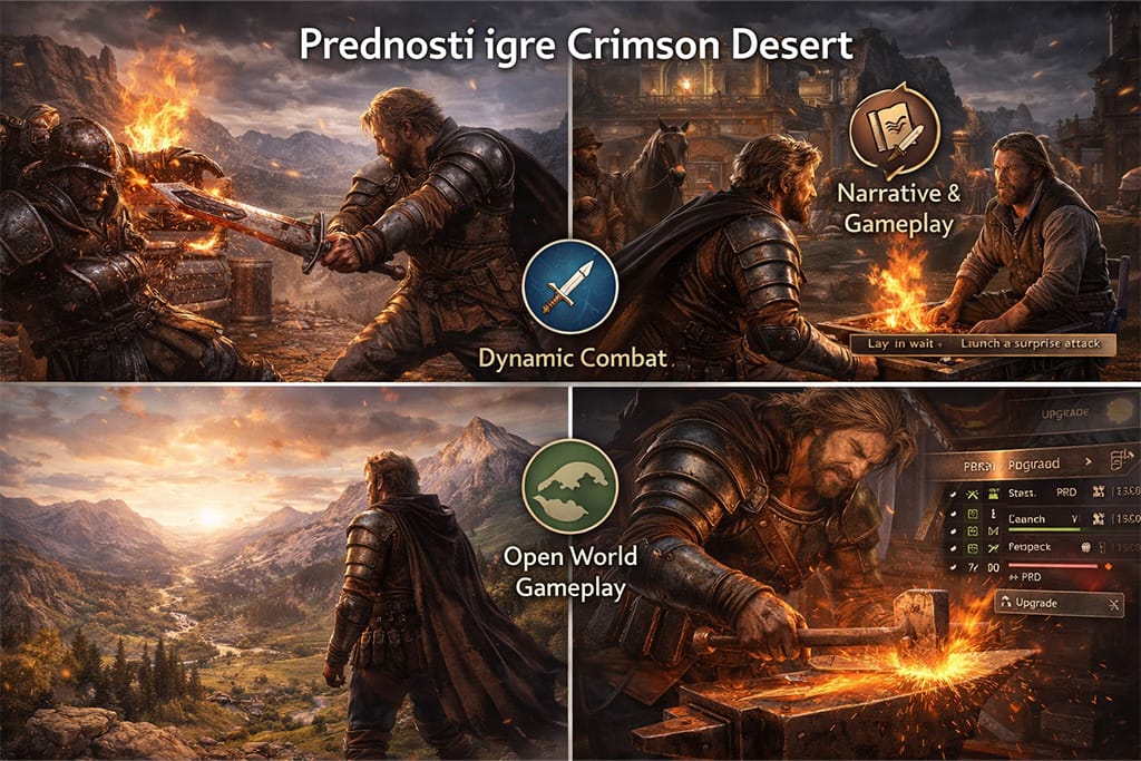 Crimson Desert prednosti igre Crimson Desert prikaz borbenog sistema, otvorenog sveta, narativa i crafting mehanika u jednoj kompoziciji