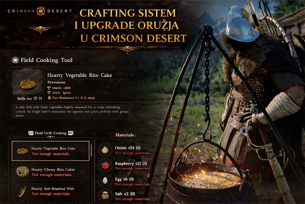 Crimson Desert crafting sistem i upgrade oružja u Crimson Desert prikaz kuvanja i unapređenja opreme kroz gameplay mehanike i interfejs igre