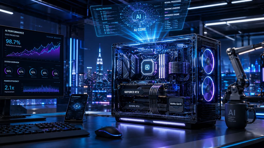 Futuristički desktop računar sa providnim kućištem prikazuje AI procesor, grafičku kartu i SSD uređaj, dok holografski interfejs lebdi iznad sistema u naprednom tehnološkom laboratorijskom okruženju.