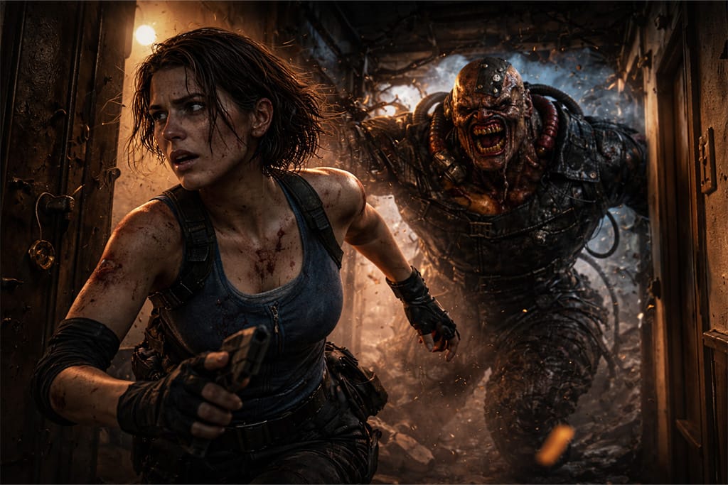 Jill Valentine beži kroz hodnik zgrade dok je Nemesis progoni Resident Evil timeline. Jill bekstvo.