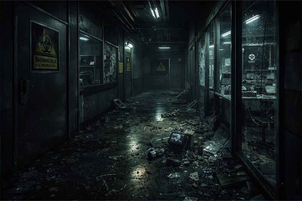 Claire put kroz podzemnu Umbrella laboratoriju ispod Raccoon Cityja sa razbijenom opremom i biohazard upozorenjima u Resident Evil serijalu