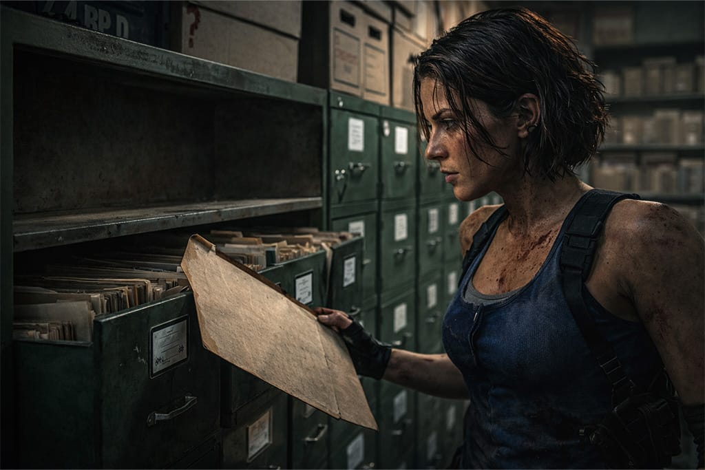 Jill Valentine istražuje nestale policijske dosijee u arhivi Raccoon Police Department tokom Resident Evil timeline istrage