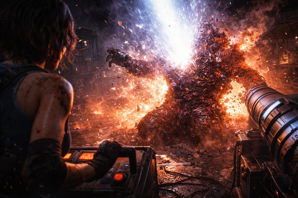 Jill Valentine poražava Nemesis biološko oružje tokom završne borbe Resident Evil timeline