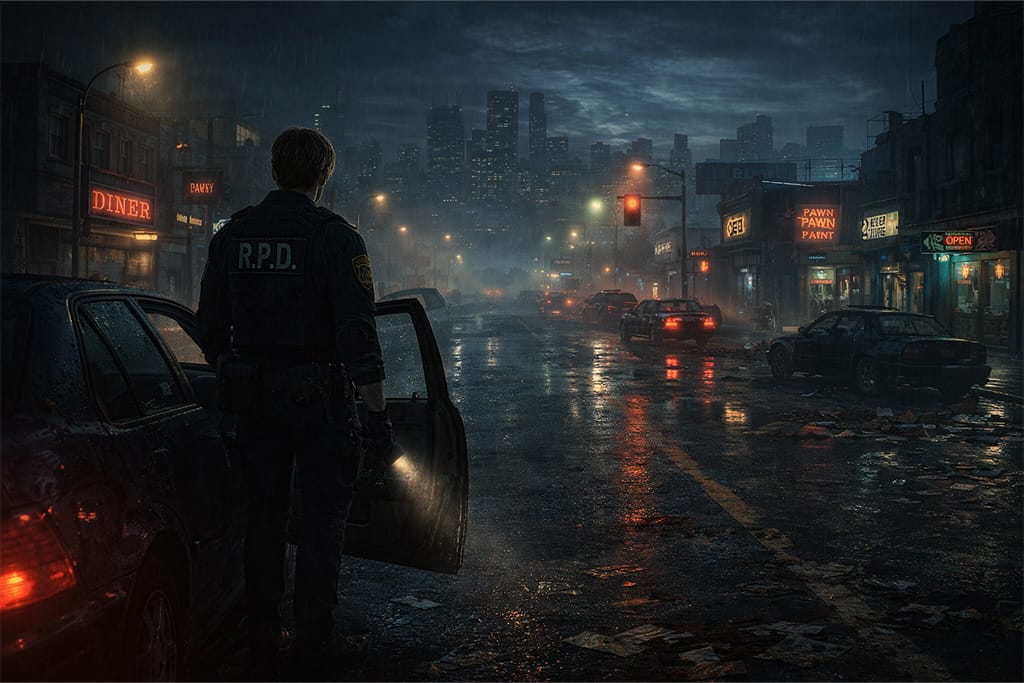 Leon S. Kennedy dolazi u Raccoon City tokom prve noći epidemije dok prazne ulice i magla nagoveštavaju katastrofu. Leon dolazak. dolazak Leona.