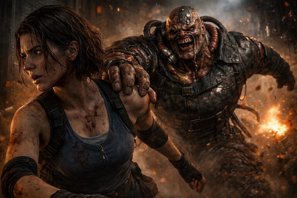 Nemesis pokušava da uhvati Jill Valentine u Raccoon Cityju tokom Resident Evil timeline potere