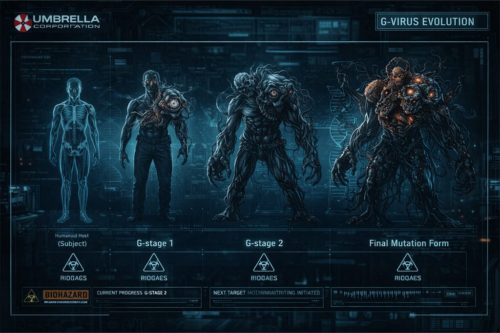 NEST laboratorija dijagram evolucije G-virusa i mutacionih faza u Resident Evil timeline priči
