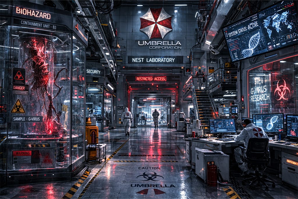 NEST laboratorija iz Resident Evil timeline univerzuma, futuristički Umbrella biohazard istraživački kompleks sa sterilnim hodnicima, staklenim laboratorijama i G-virus eksperimentima