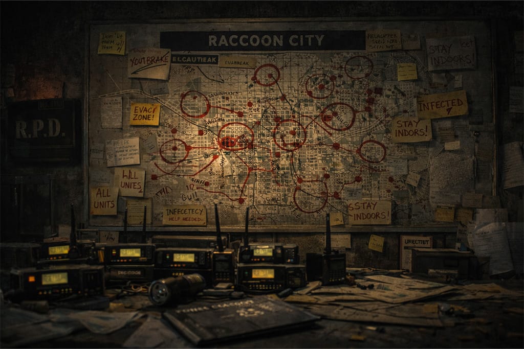 Mapa širenja infekcije u Raccoon City koju Leon vidi tokom dolaska u R.P.D.
