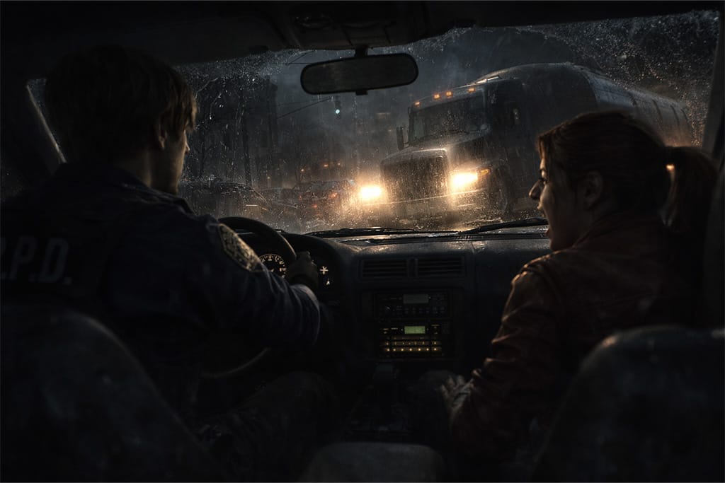 Resident Evil timeline scena u kojoj Leon S. Kennedy i Claire Redfield voze kroz Raccoon City sekundu pre sudara sa kamionom