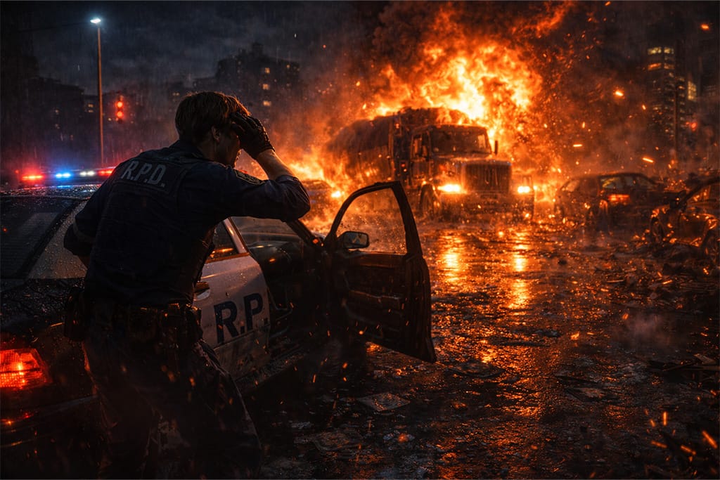 Resident Evil timeline scena u kojoj Leon S. Kennedy izlazi iz oštećenog policijskog automobila dok kamion eksplodira na ulicama Raccoon City-ja