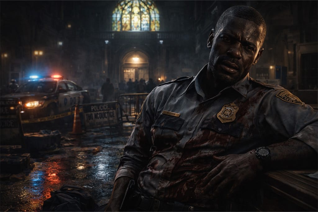 Poručnik Marvin Branagh ranjen ali još uvek na dužnosti u glavnom holu Raccoon Police Department tokom katastrofe u Raccoon City-ju