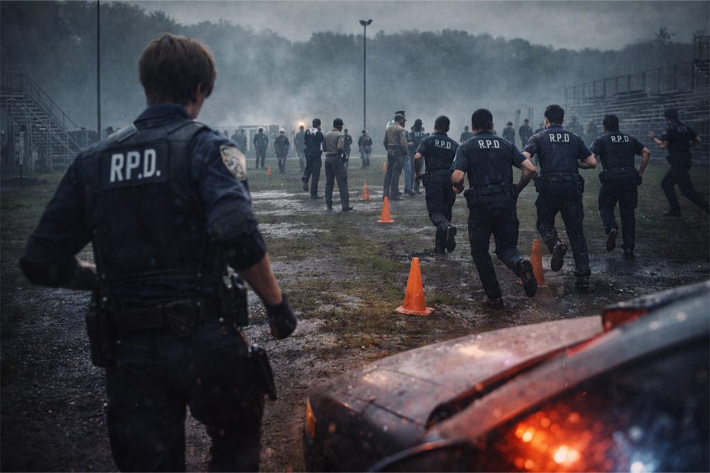 Obuka na policijskoj akademiji gde Leon S. Kennedy trenira rukovanje oružjem i taktiku pre dolaska u Raccoon City
