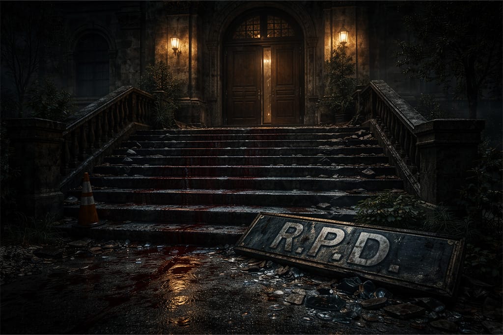 Krvavi tragovi na stepenicama ispred ulaza u Raccoon Police Department tokom dolaska Leona u Raccoon City