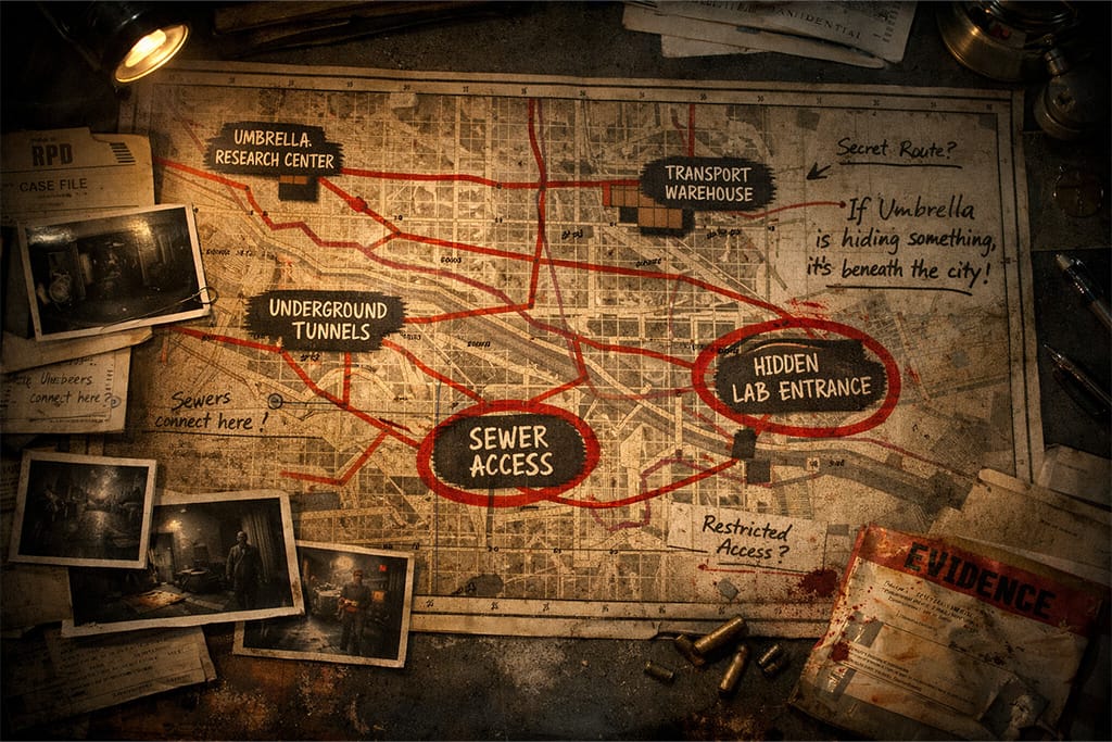 Umbrella transportne rute na mapi Raccoon City industrijske zone pronađenoj u RPD bezbednosnoj kancelariji