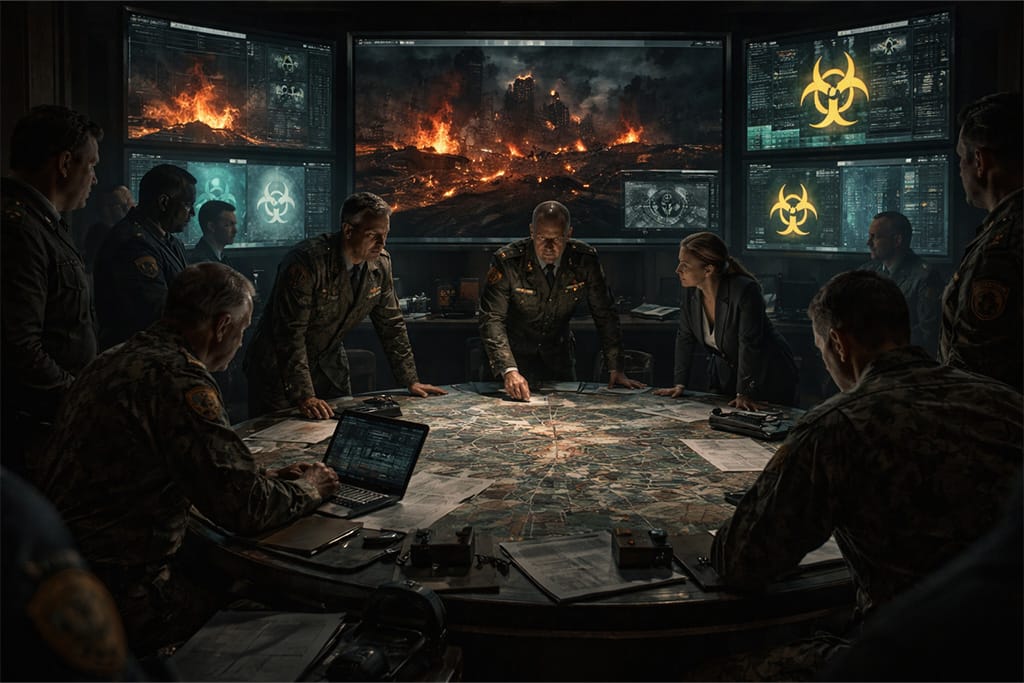 Tajna vladina ratna soba gde vojni oficiri analiziraju izbijanje epidemije u Raccoon Cityju i tajne NEST laboratorije u okviru Resident Evil timeline događaja.