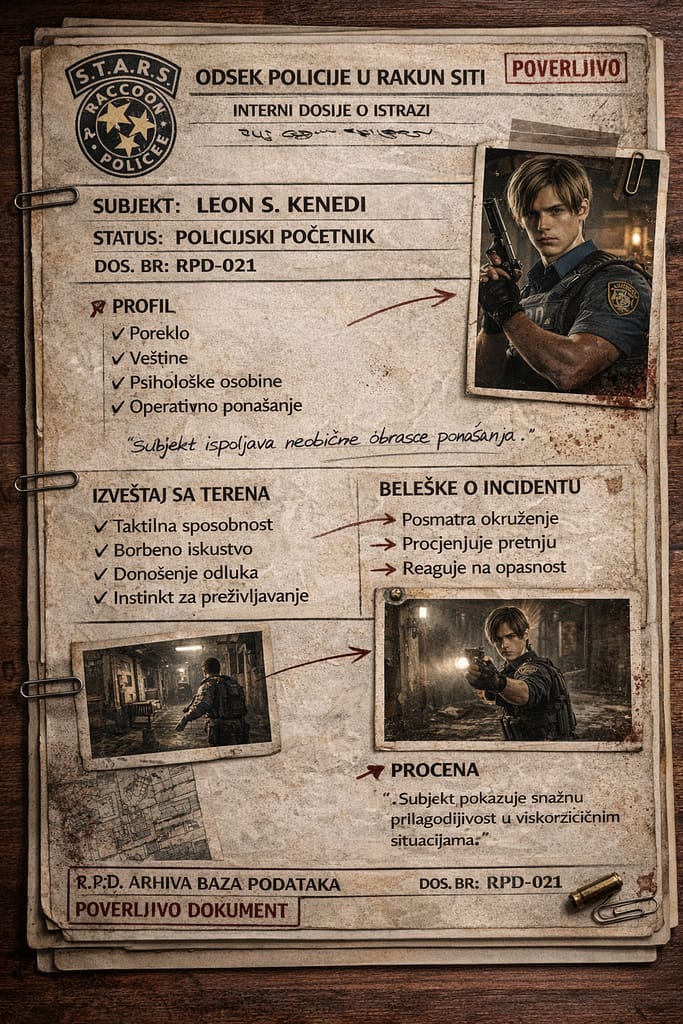 Dosije Leona S. Kennedyja sa policijske akademije Raccoon City Police Department koji prikazuje njegove veštine, obuku i procenu instruktora