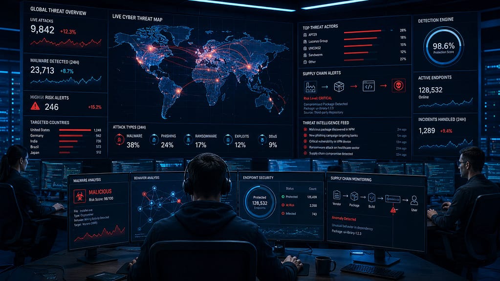 Napredni centar za sajber bezbednost sa analitičarima koji prate globalne sajber pretnje preko digitalne mape sveta, panela za detekciju malvera i sistema za nadzor supply-chain napada.