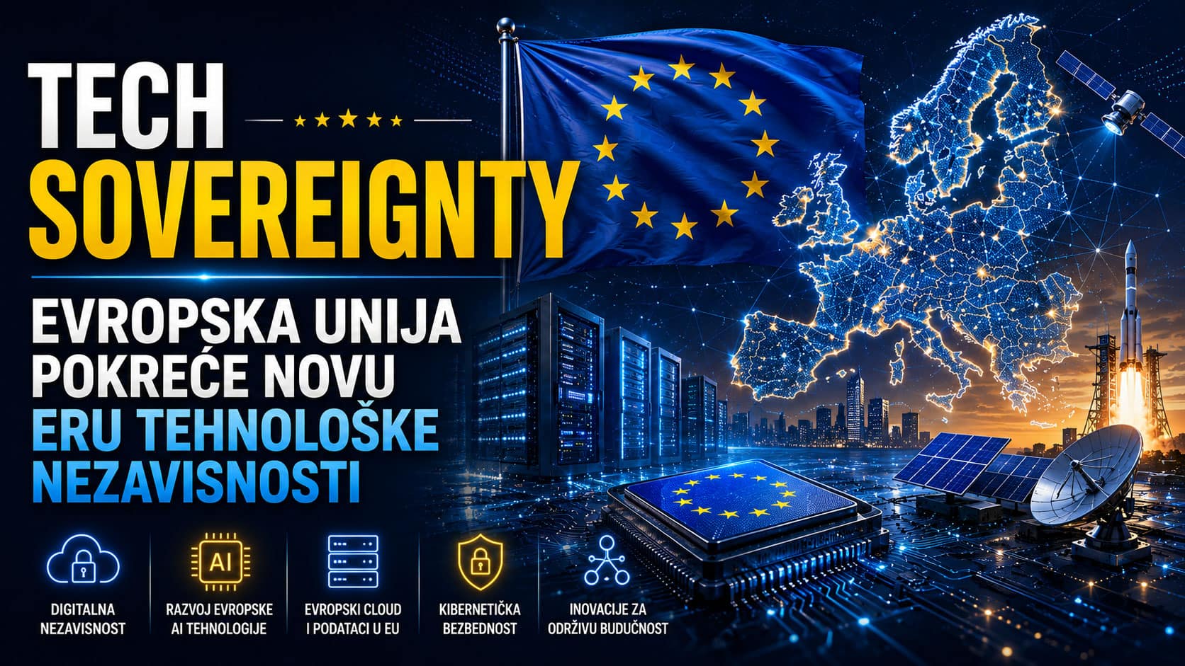 Baner koji prikazuje inicijativu Tech Sovereignty Evropske unije kroz digitalnu mapu Evrope, EU zastavu, data centar i tehnološku infrastrukturu koja simbolizuje digitalnu nezavisnost.