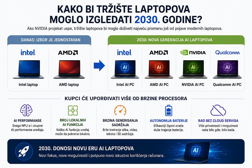 Infografik prikazuje kako bi tržište laptopova moglo izgledati 2030. godine, sa prelaskom sa tradicionalnih Intel i AMD laptopova na novu generaciju AI PC računara koje pokreću Intel, AMD, NVIDIA i Qualcomm platforme.